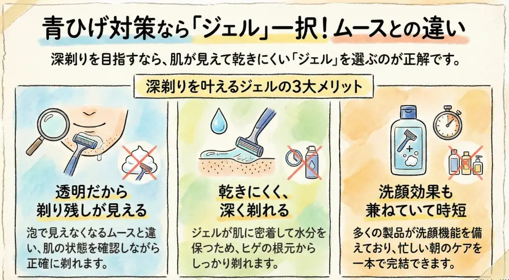 シェービングジェルとムースの違いイラスト図解