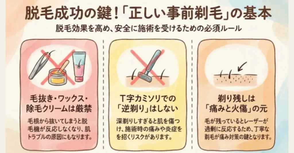 脱毛前の剃毛の正しいルールの解説イラスト図解