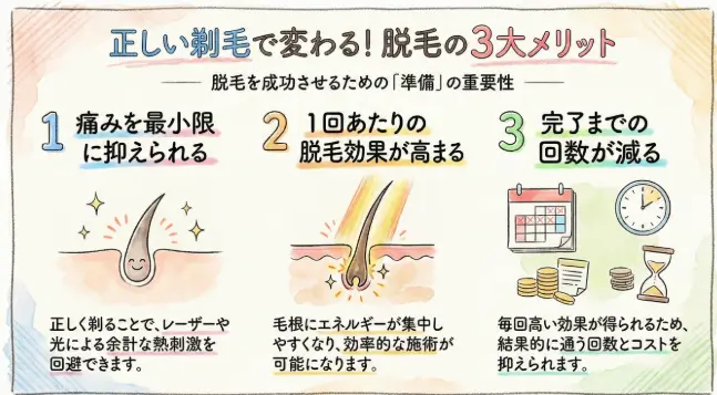 脱毛前の正しい剃毛によるメリット
解説イラスト図解